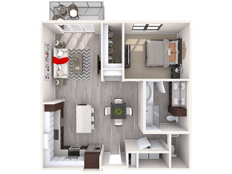 Floor plan for 1 bed, 1 bath, 938 sqft
